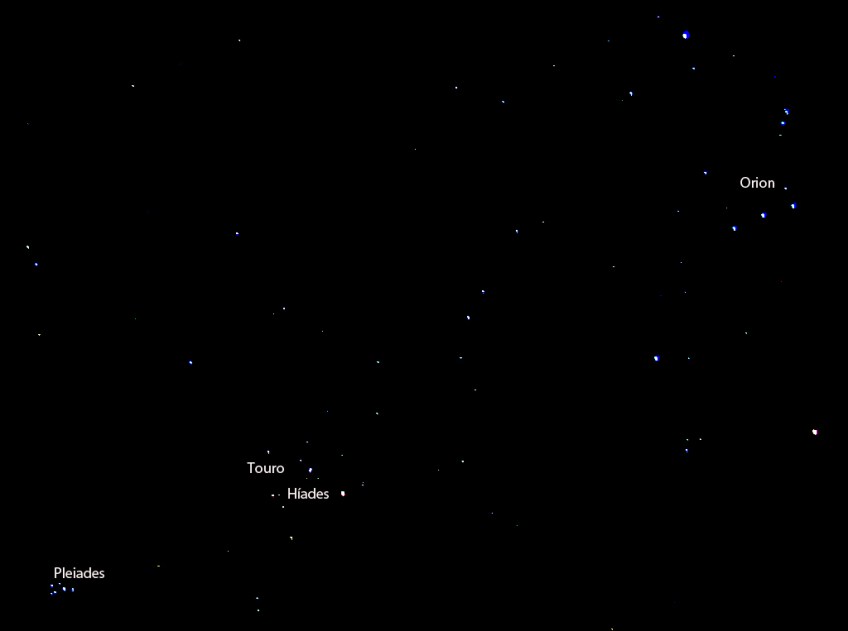 Constelaçãoes de Orion, Touro e Pleides fotografadas